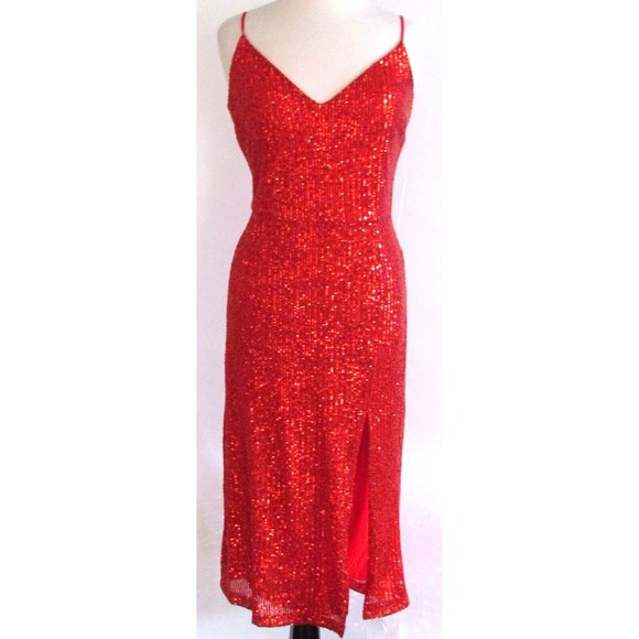 Designer Premier Amour Red Sequin Midi Length Spaghetti Strap Pencil Dress 16.R - Picture 11 of 16